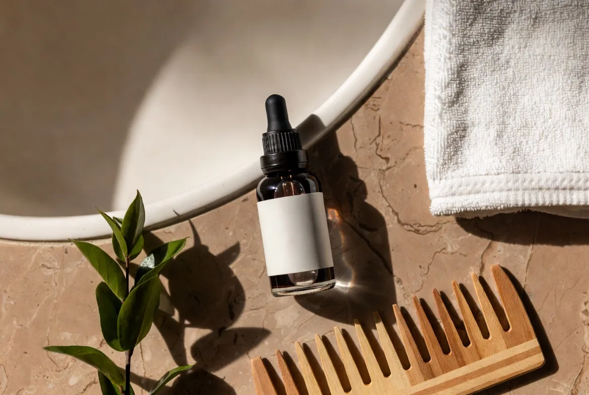 Flat lay of a hair growth serum dropper bottle on a marble bathroom counter beside a wooden comb, white towel, and green plant