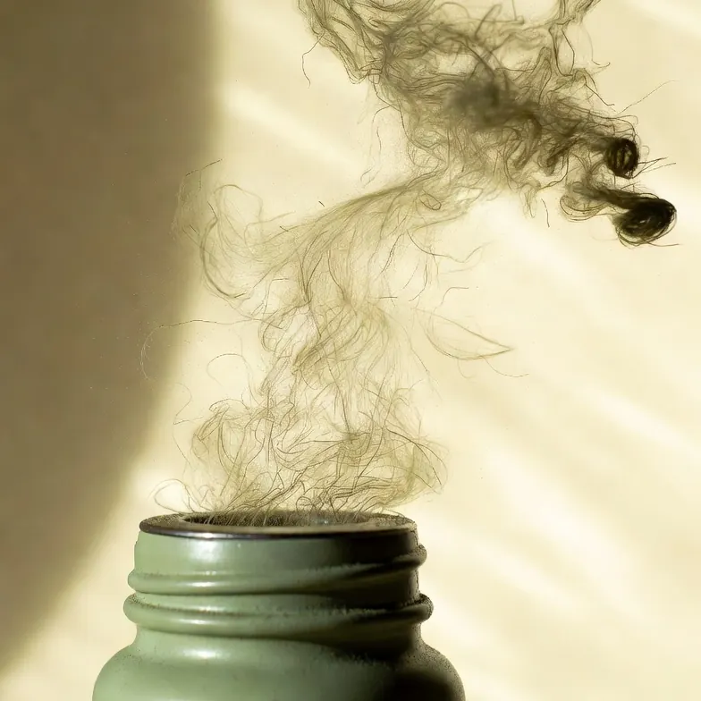 Jar of plant-based hair building fibers captured mid-sprinkle