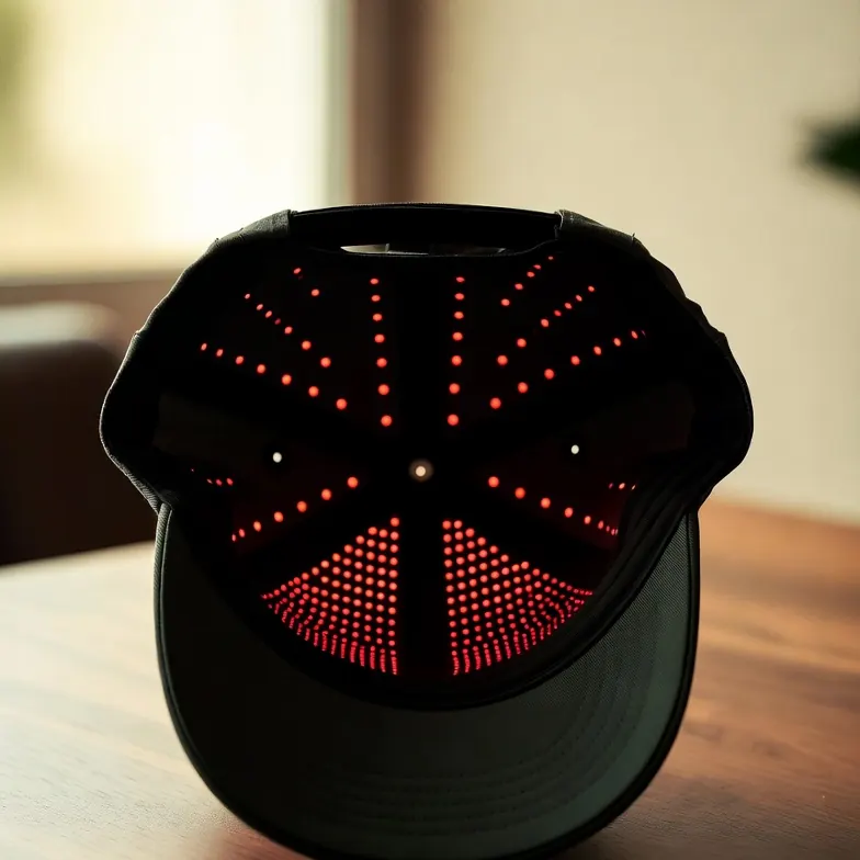 Laser therapy cap with red diodes lining the inside of a baseball cap