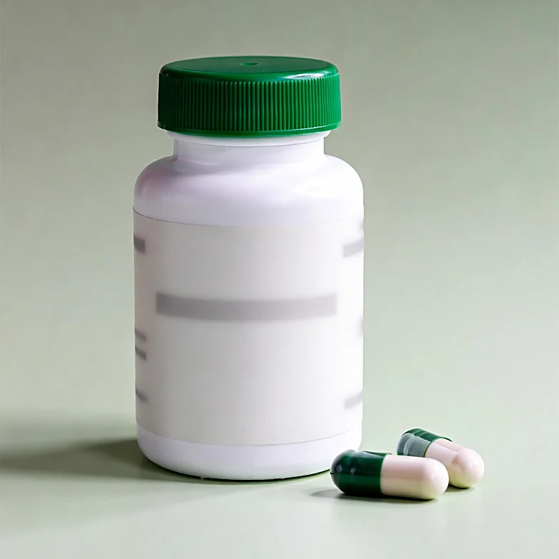White prescription pill bottle with a green cap beside two green-and-white capsules