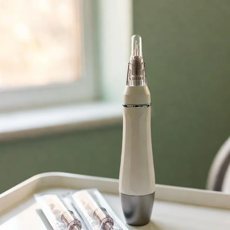 Cordless microneedling pen device with sterile needle cartridges