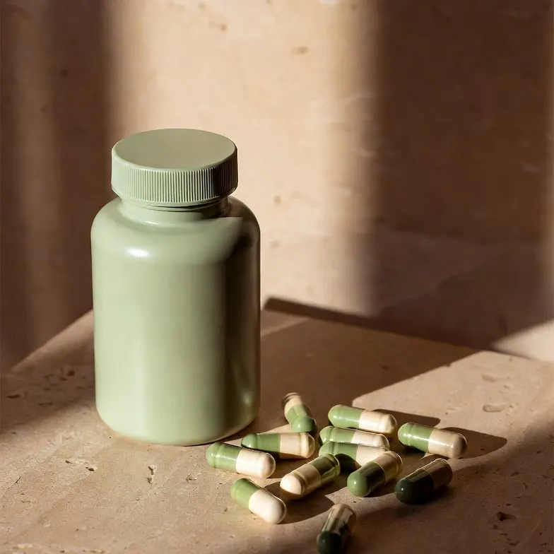 Hair growth supplement bottle with two-tone capsules scattered beside it