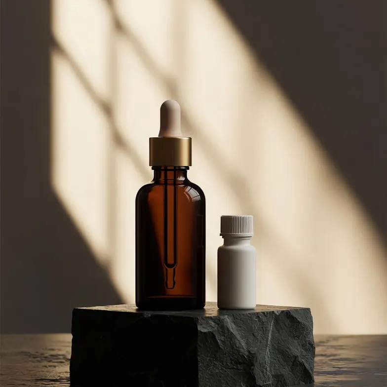 Compounded prescription topical dropper bottle beside a pill vial