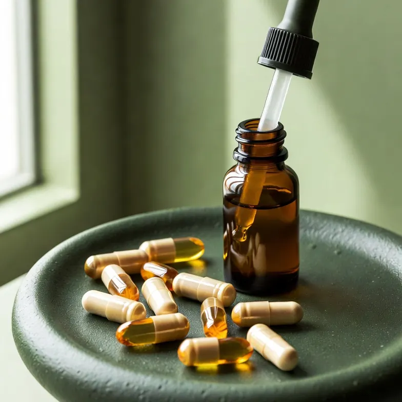 Dutasteride softgel capsules arranged beside a topical dropper bottle