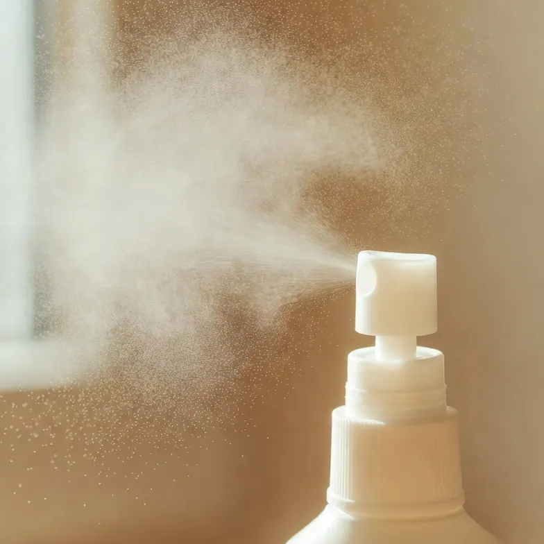 Topical finasteride and minoxidil spray bottle releasing a fine mist