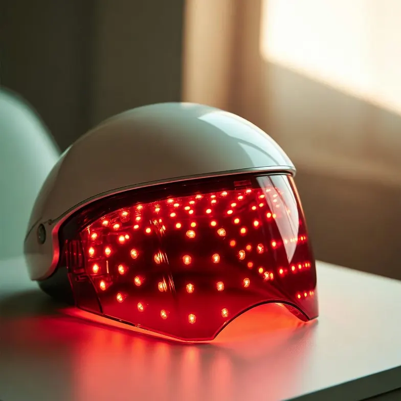 Dome-style laser hair growth helmet with rows of red diode lights