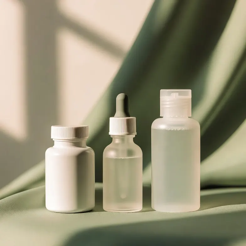 Hair loss treatment kit with pill bottle, minoxidil dropper, and travel shampoo