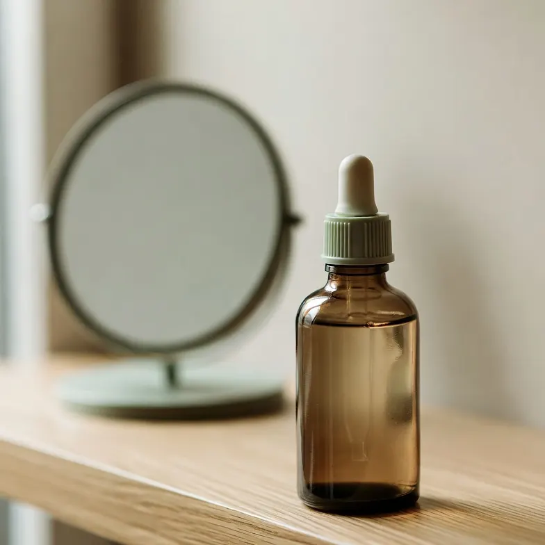 Amber dropper bottle of 5% minoxidil solution on a bathroom shelf