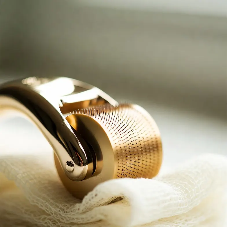 Close-up of a titanium 540-needle derma roller resting on white gauze