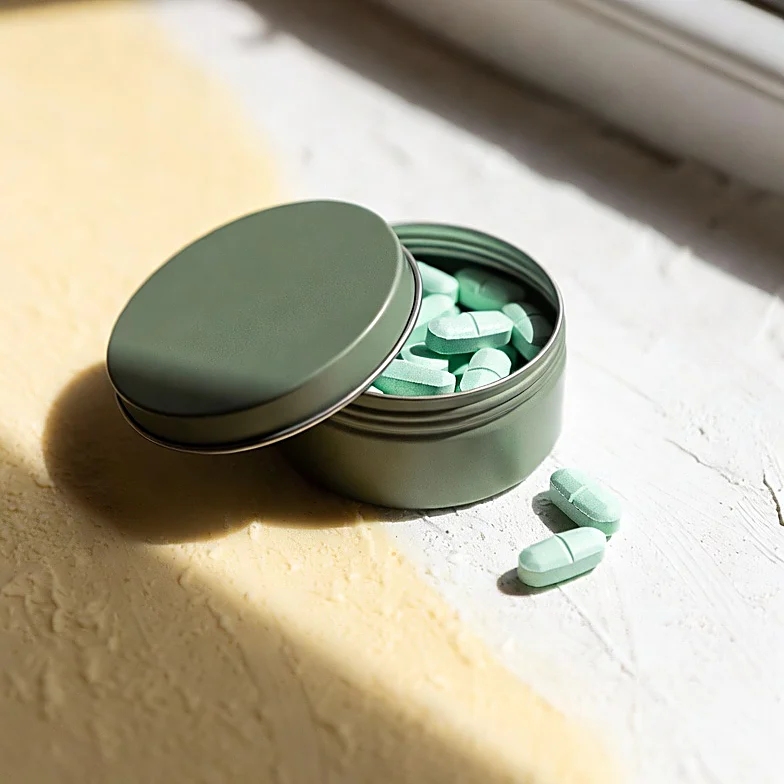 Open sage-green tin filled with mint chewable hair loss tablets in sunlight, two tablets resting beside it