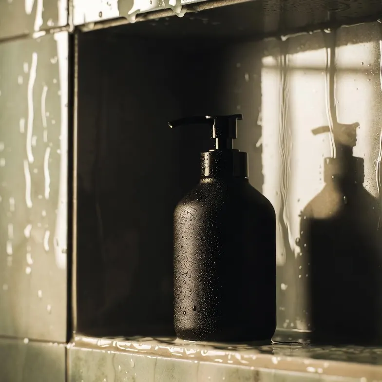 Black pump bottle of hair-stimulating shampoo in a wet shower niche