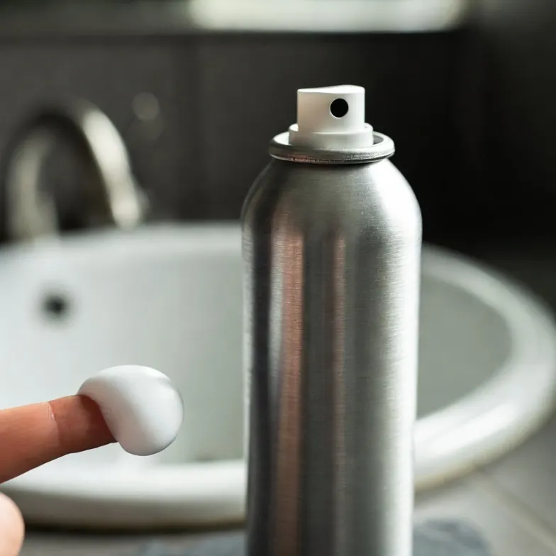 Canister of 5% minoxidil foam with a dollop of foam on a fingertip