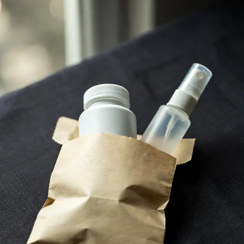 Mail-order hair loss treatment with pill bottle and topical spray in a kraft pouch