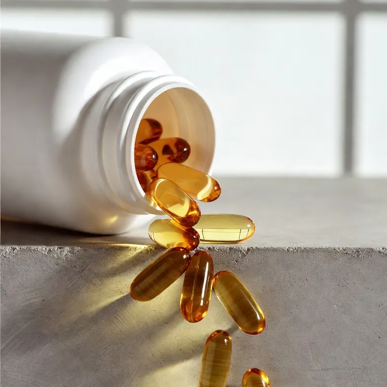 Pill bottle with amber dutasteride softgel capsules spilling out