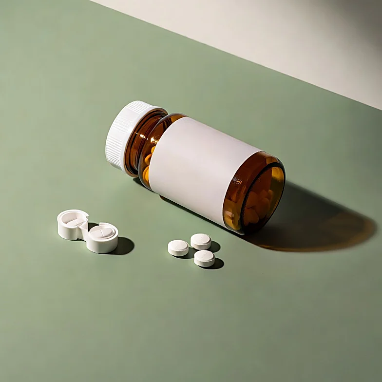 Amber glass bottle of oral minoxidil tablets on its side with three small white tablets and a pill splitter