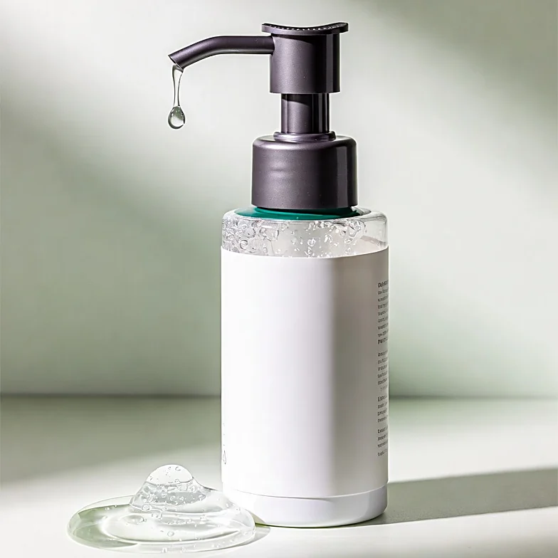 White pump bottle of clear compounded scalp treatment gel with a drop forming at the nozzle and a gel swatch beside it
