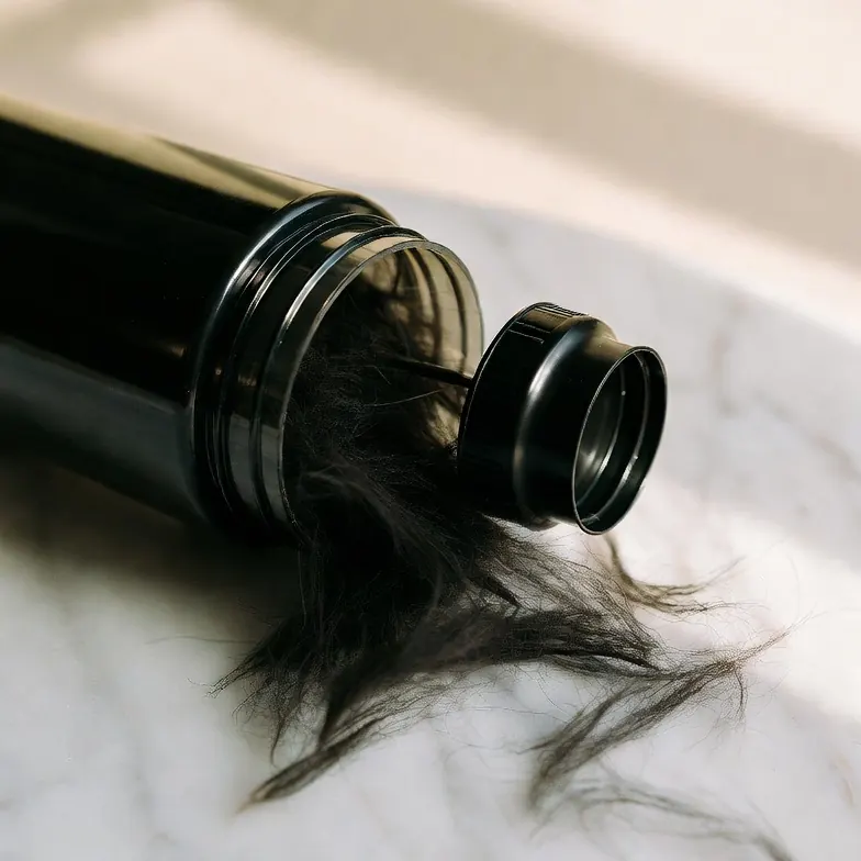 Shaker bottle of keratin hair building fibers spilling onto marble