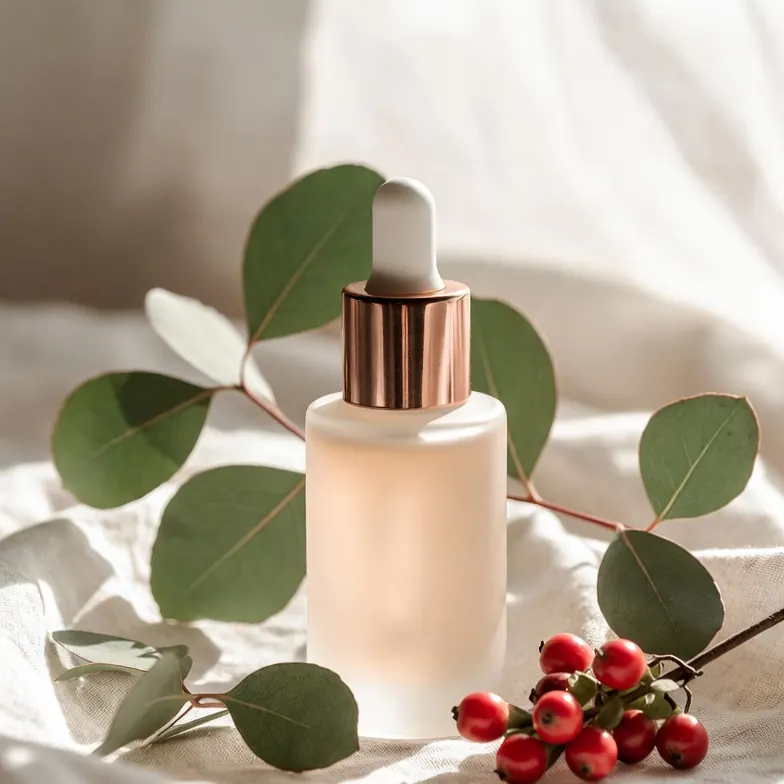 Botanical hair growth serum bottle surrounded by fresh plant leaves